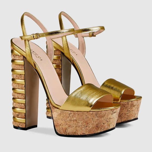 Gucci Shoes - GUCCI Metallic leather cork platform sandals